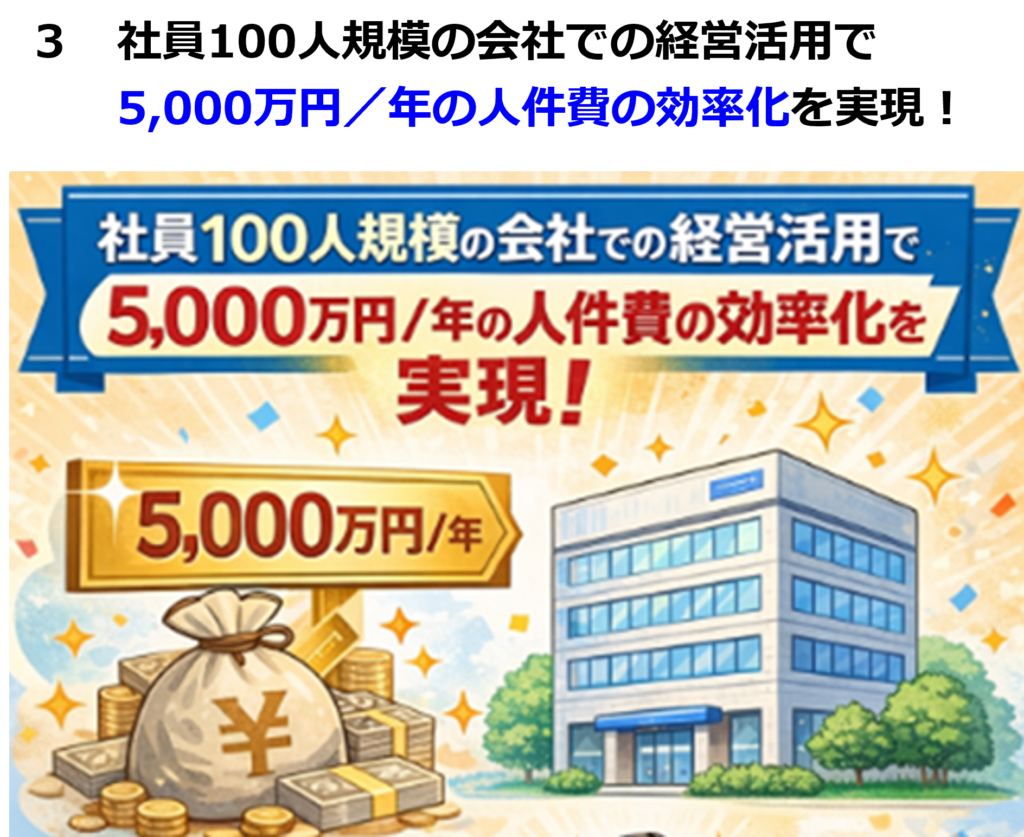 本研究会の提供価値3
社員100人規模の会社での経営活用で5,000万円/年の人件費の効率化を実現!