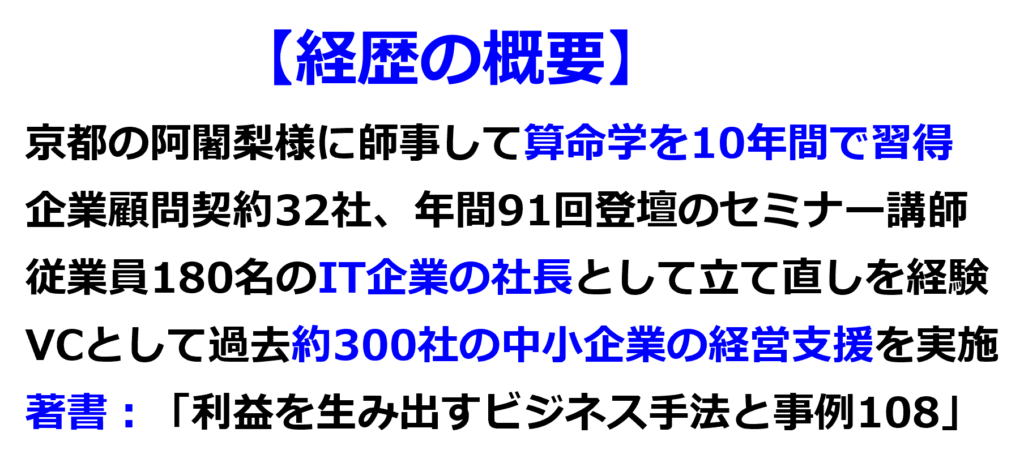 経歴の概要
京都の阿闍梨様に師事して算命学を10年間で習得
企業顧問契約32社、年間91回登壇のセミナー講師
従業員180名のIT企業の社長として立て直しを経験
VCとして過去約300社の中小企業の経営支援を実施
著書:「利益を生み出すビジネス手法と事例108」